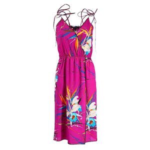 MARC JACOBS Vivid Magenta Tropical Hawaiian Print Faux Wrap Midi Slip Dress Sz S